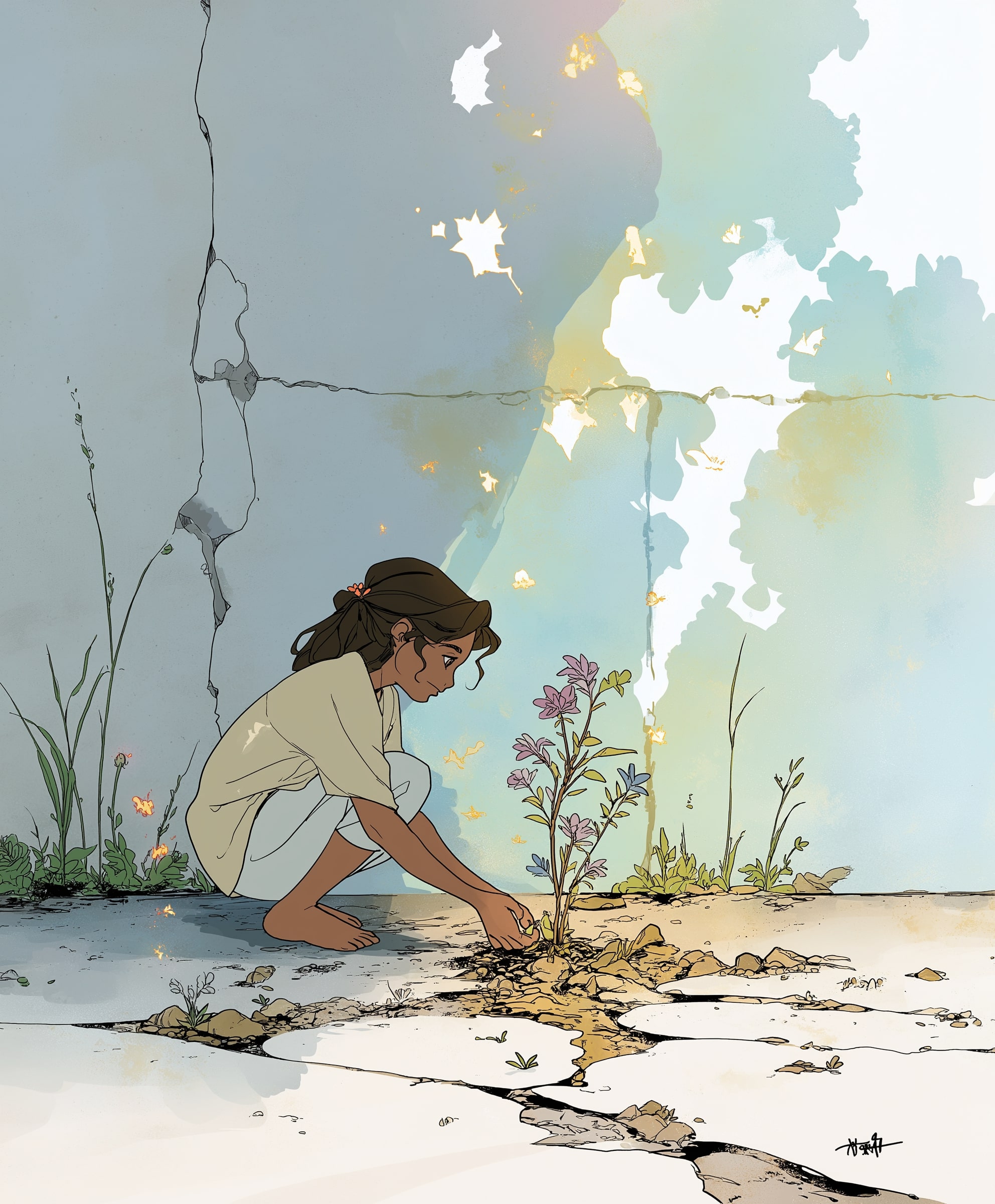 Livro iluminado entre flores e folhagens