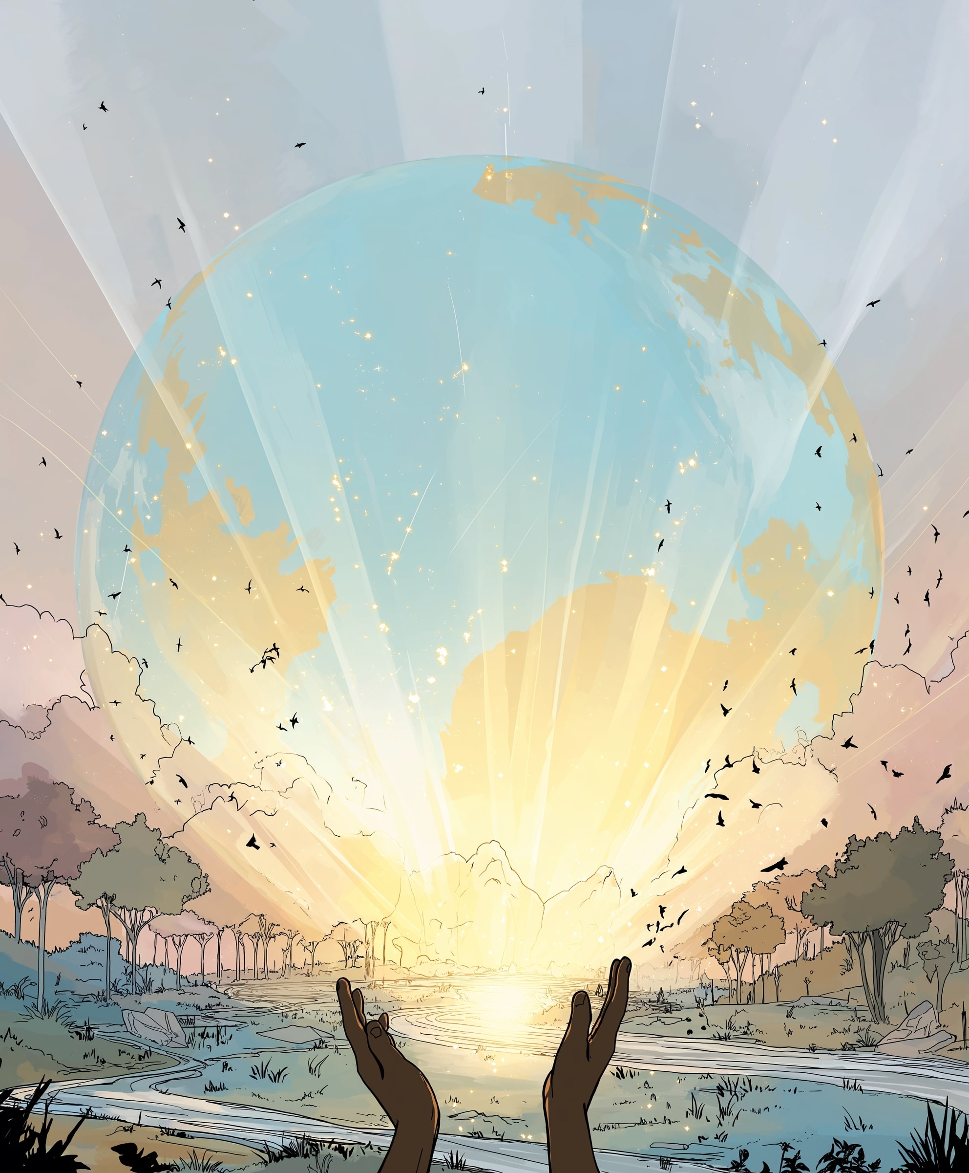 Planeta Terra em mãos de luz