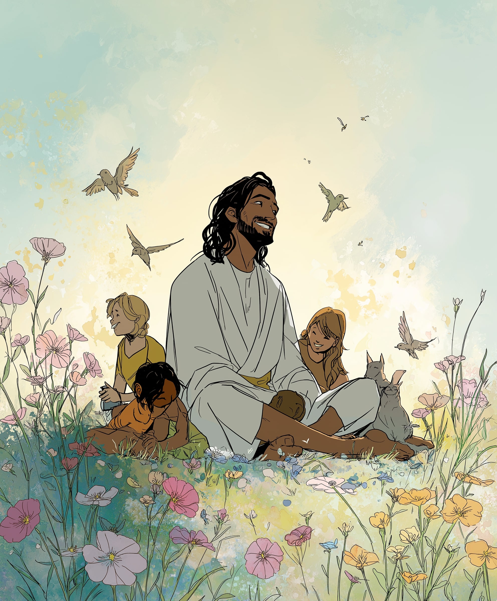 Jesus com crianças em jardim florido