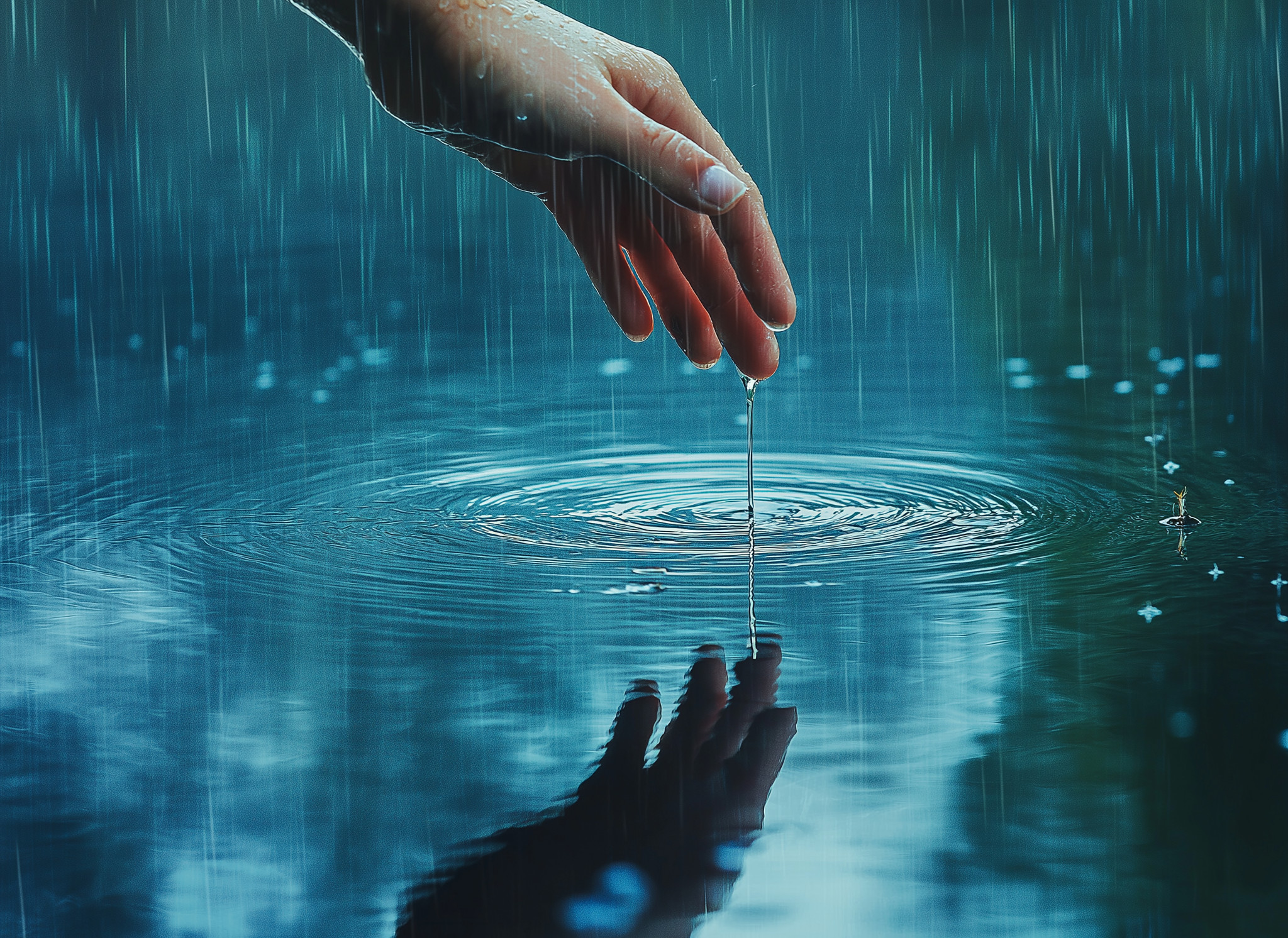 Gotas de chuva refrigeram a mão de uma voluntária
