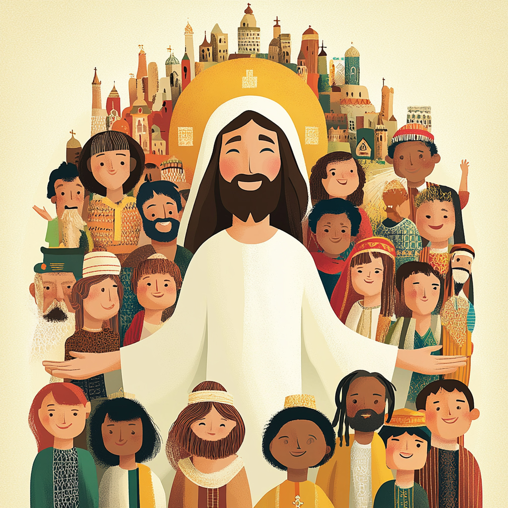 Jesus com os braços abertos entre pessoas de diferentes culturas
