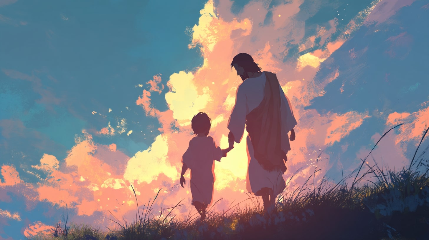 Jesus conduz uma criança pela mão.