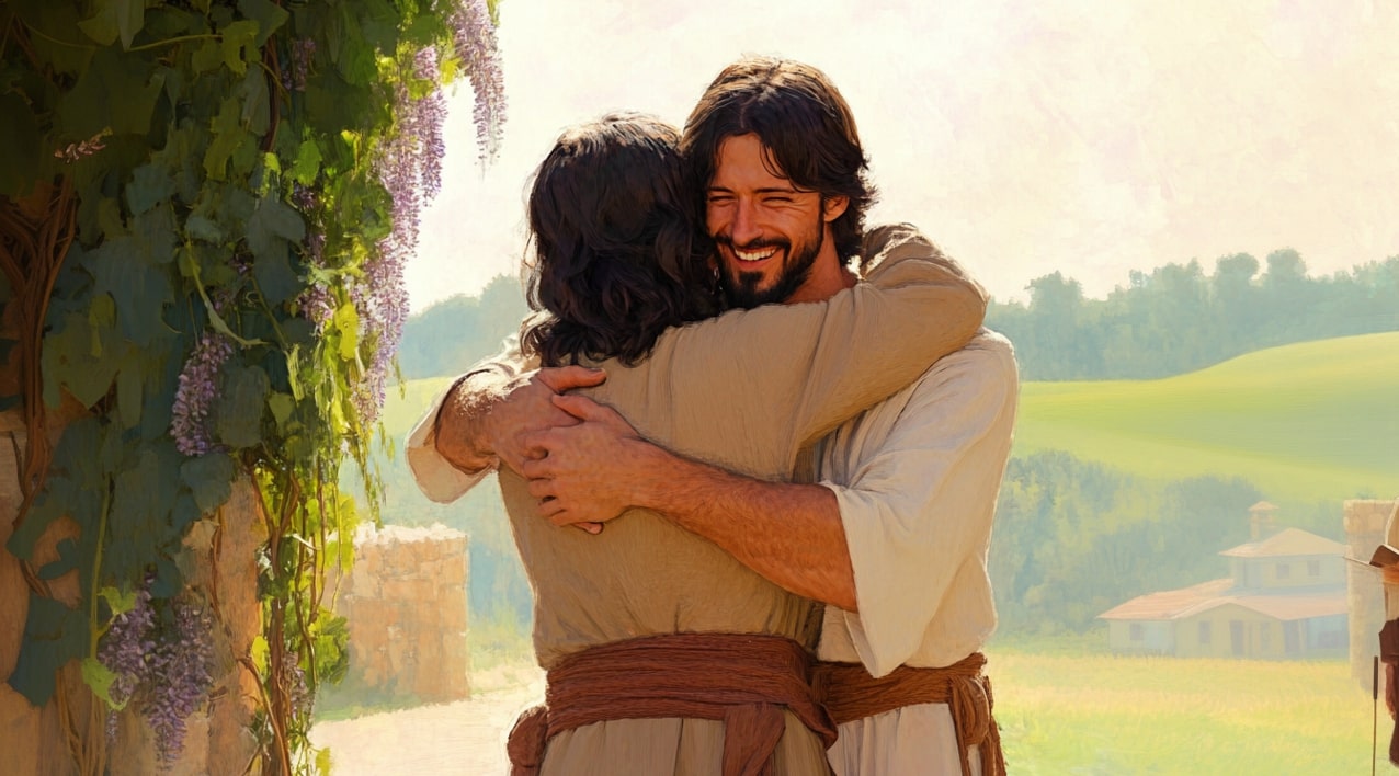 Ilustração de um abraço fraterno entre Paulo e Barnabé
