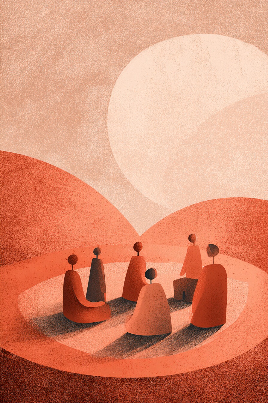 Ilustração em tons pastel representando convivência e acolhimento